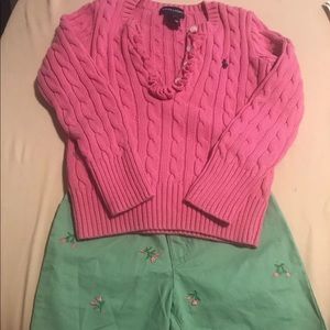 RL Cable Knit Sweater, RL Shirt & Gymboree Shorts